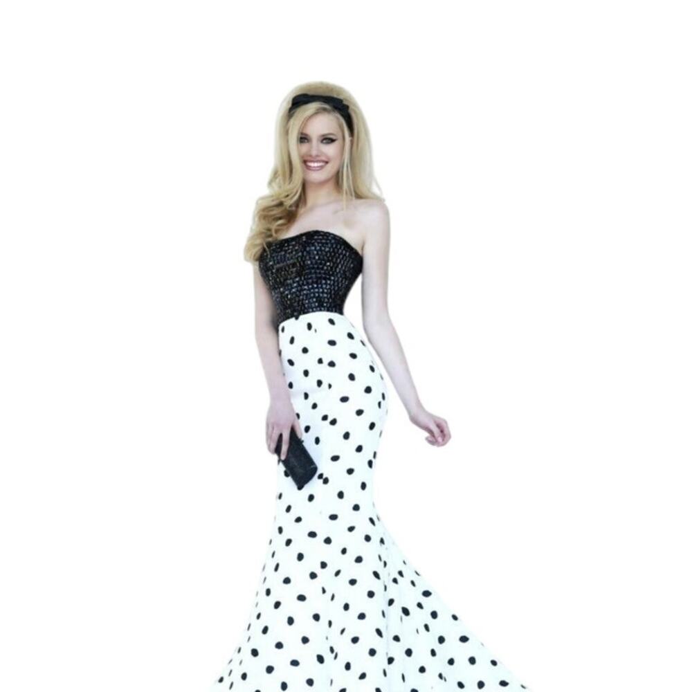 Sherri Hill Black and White Polka Dot Beaded Mermaid Strapless Gown Size 6